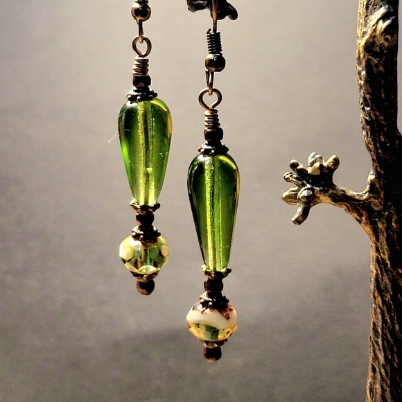 Boho Moss Green handcrafted drop Earrings - Picture 3 of 11